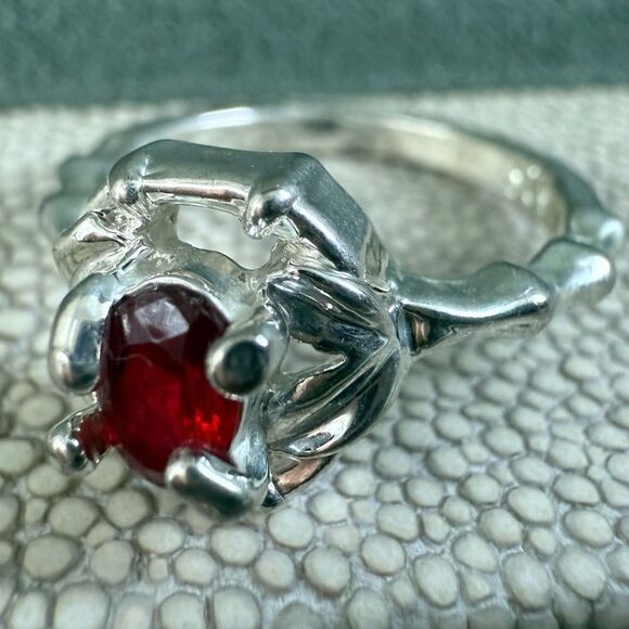 Silver Tone Ring with Bright Red Center Stone & Unique Textured Band - Picture 13 of 16